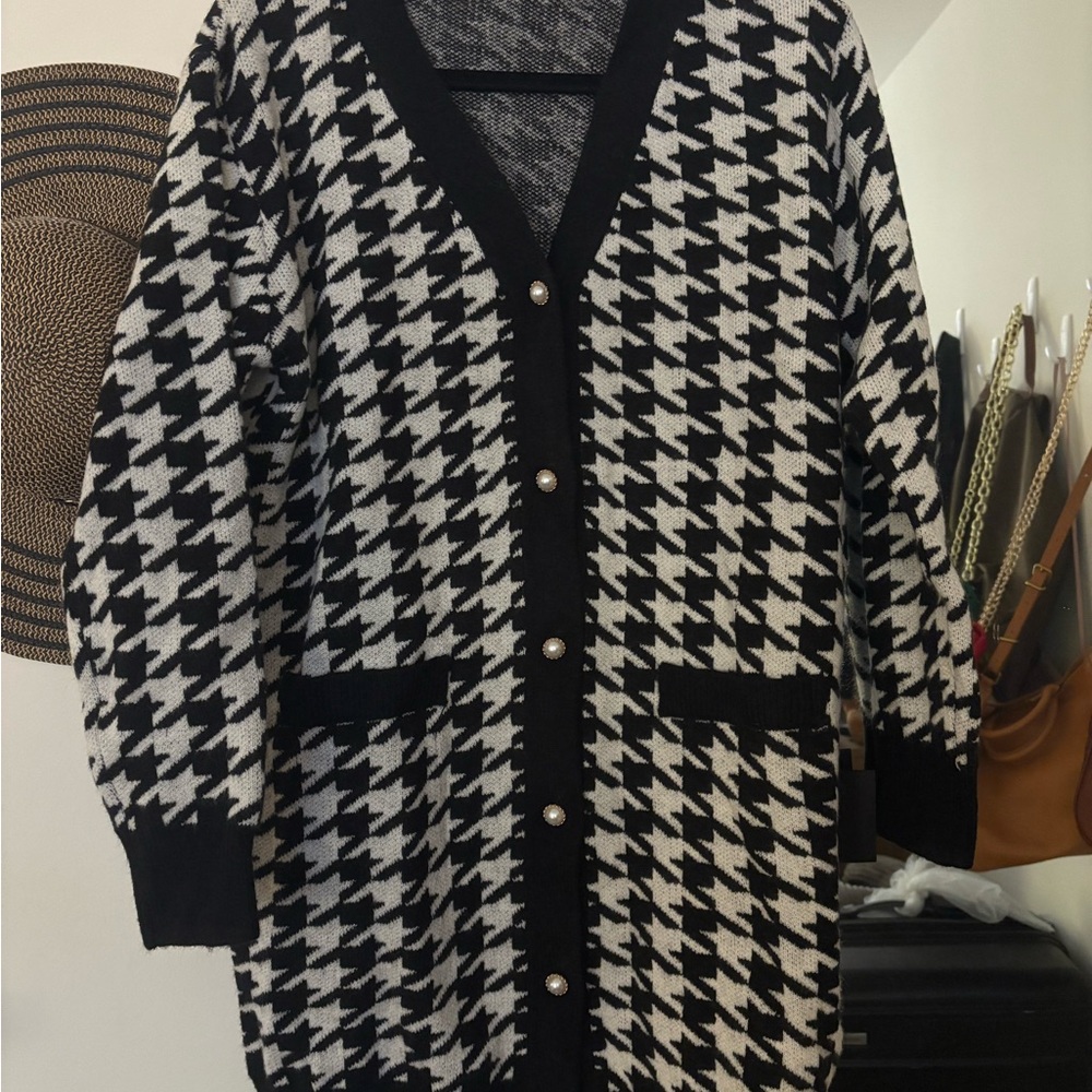 Lulus X LUSH Black and White Houndstooth Cardigan Sweater Dress